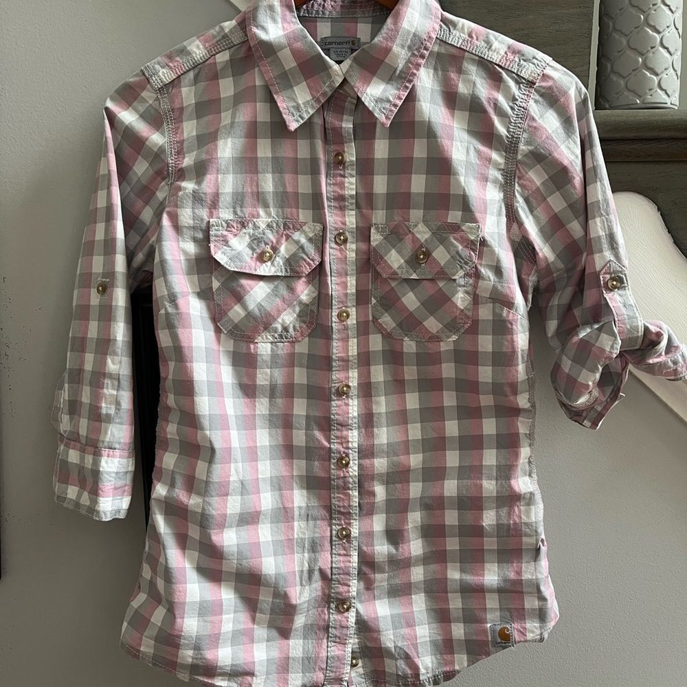 Carhartt Pink & Gray Plaid Roll Cuff Button Down Shirt sz XS 0/2